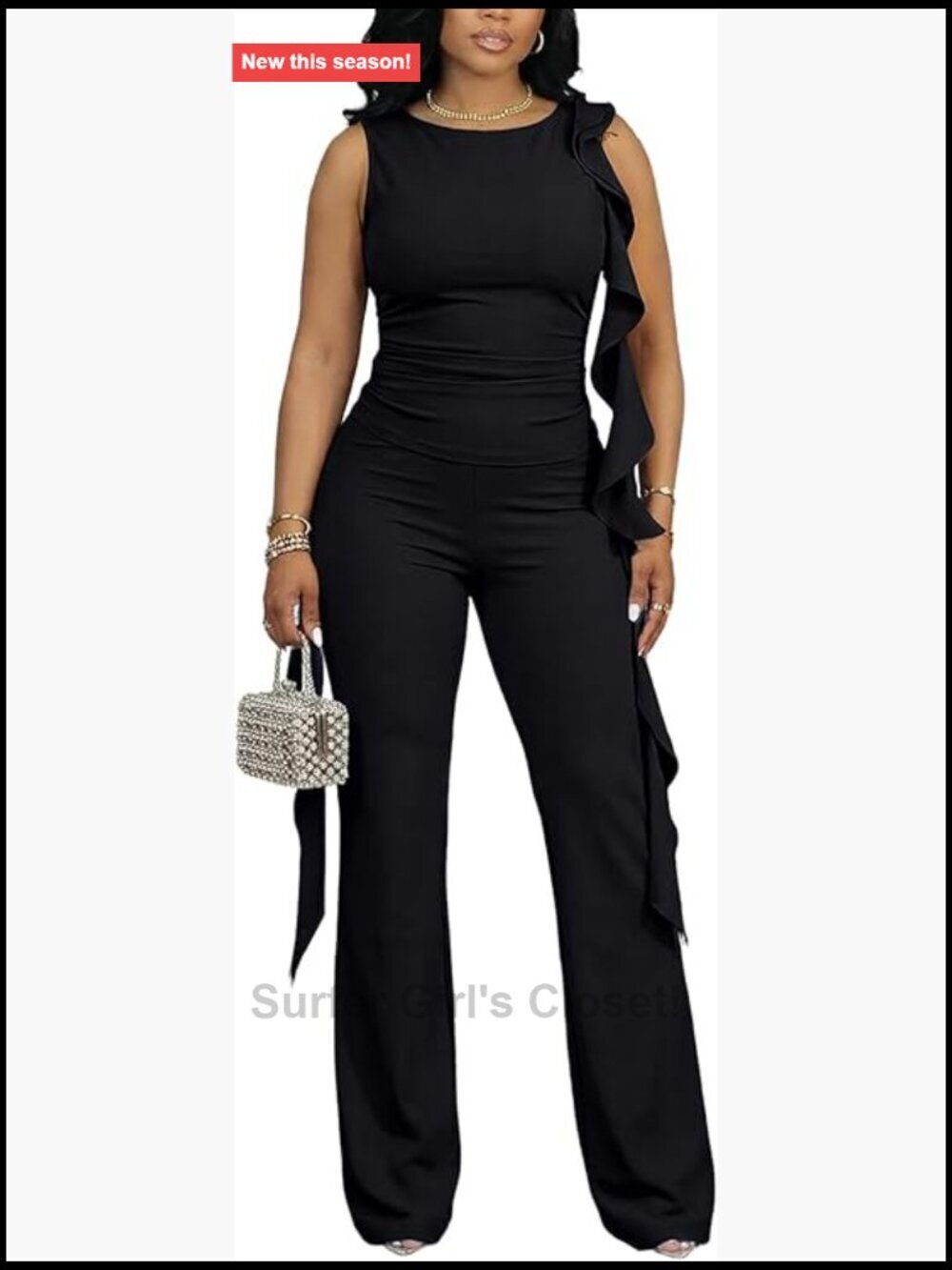 Ruffle Sleeveless Top & High Waisted Wide Leg Pants Set 2 Piece Outfit
